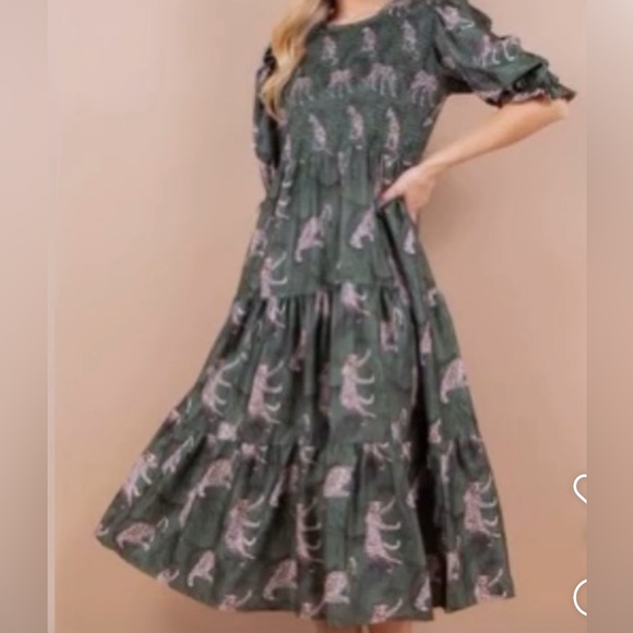 Green Leopard Print Midi Dress - Picture 3 of 5